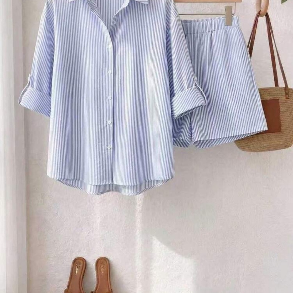 SHEIN Light Blue Stripe Button-Up Shirt & Shorts Set